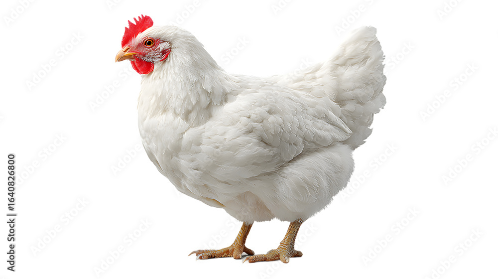 Fototapeta premium White chicken isolated on transparent background in a studio setting, side view