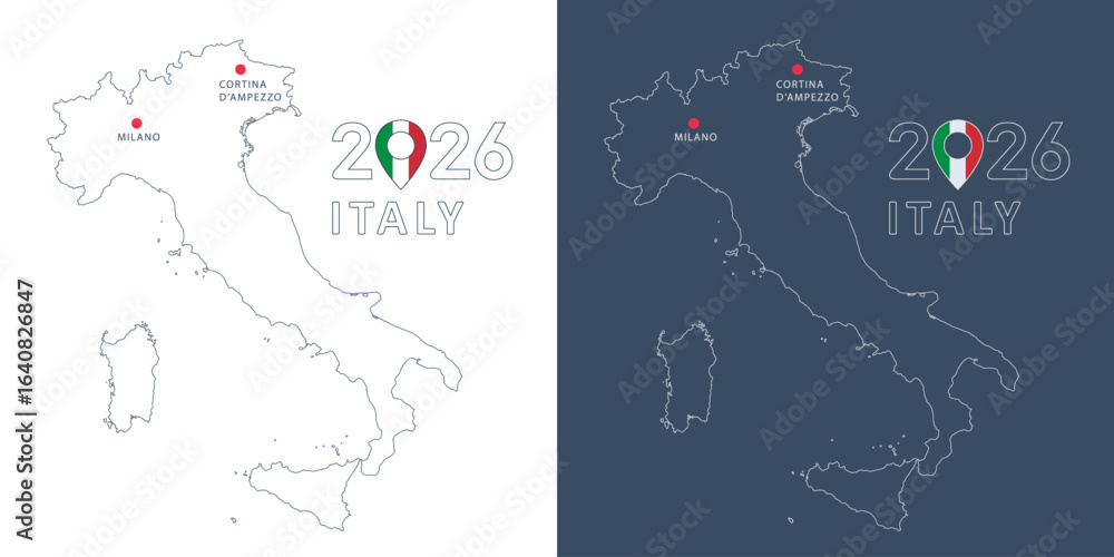 Fototapeta premium Milano and Cortina 2026 concept, Italy outline map isolated on white and dark background. Thin line map and cities location pin. Vector clipart for Olympic winter games events and news design.