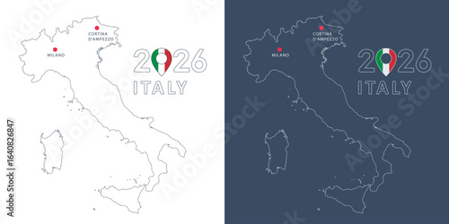 Milano  and Cortina 2026 concept, Italy outline map isolated on white and dark background. Thin line map and cities location pin. Vector clipart for Olympic winter games events and news design.