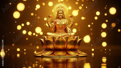 Golden Hindu Goddess Sitting on a Lotus Flower in a Lit Background With Bokeh Effects For Celebration and Wealth