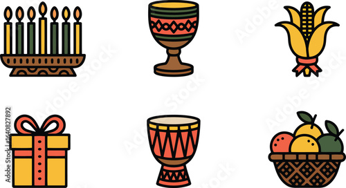 Kwanzaa Celebration Icons Set Kinara Cup Corn Gift Drum Fruit Basket Cultural Holiday