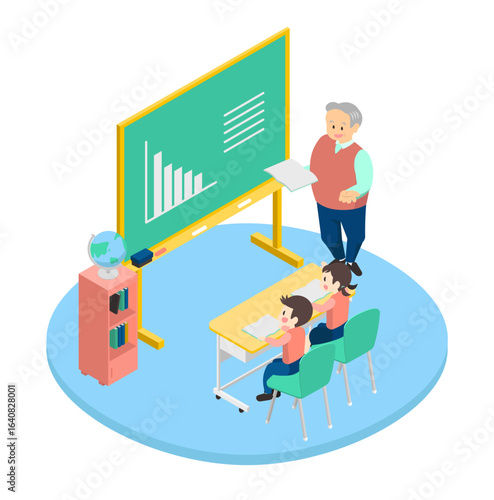 楽しく勉強する子供たちとシニア男性の先生のイメージイラスト