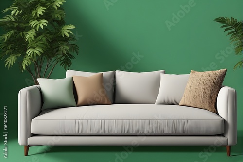 Modern living room with white sofa and colorful pillows in a vibrant  green space