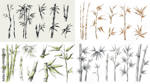 Elegant bamboo plant illustrations in ink and watercolor, ideal for Asian-inspired artworks, nature-themed decor, and botanical designs.