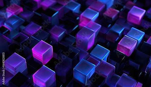 Abstract geometric pattern of translucent cubes in vibrant purple and blue hues