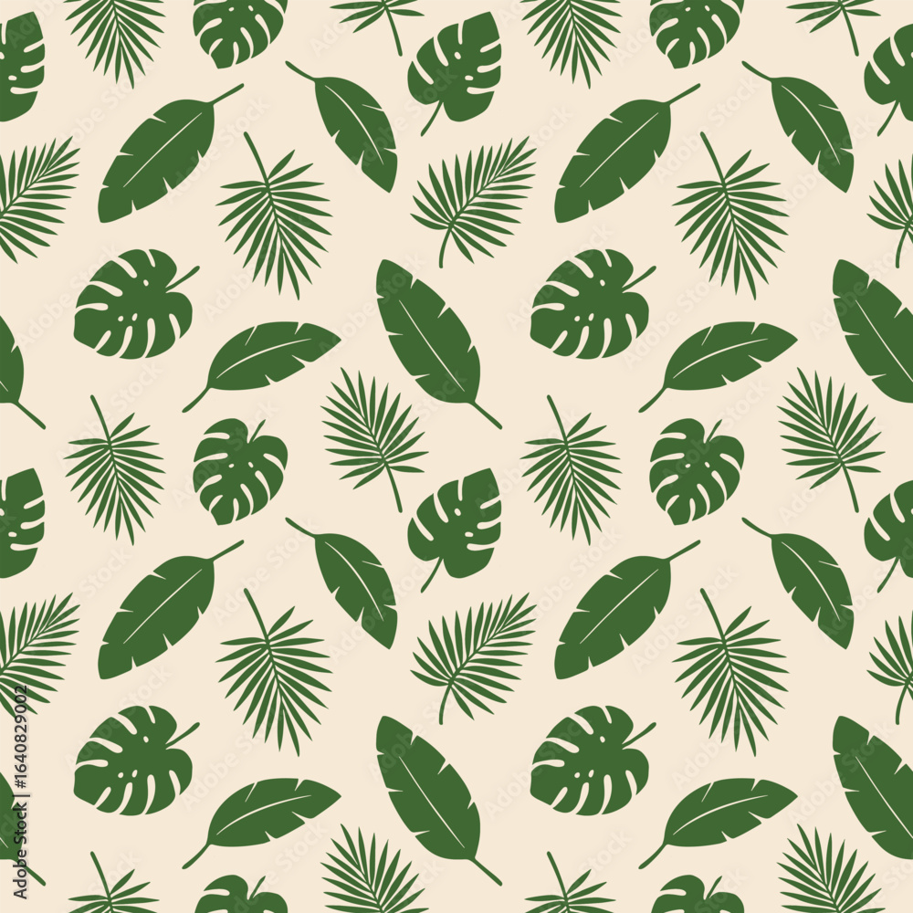 Minimalistic vector seamless tropical pattern with monstera, palm and banana leaves silhouettes on beige background, flat two-color palette, botanical texture for eco-friendly packaging or background.