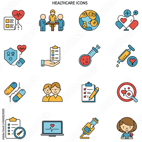 A grid of 12 colorful healthcarethemed icons on a white background