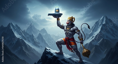 Hanuman holding Shiva Lingam atop snowy mountains Hindu god 1