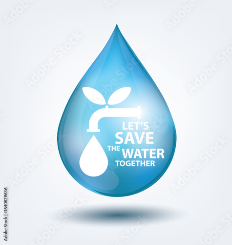 Blue shiny water drop. Save water concept. Vector illustration.