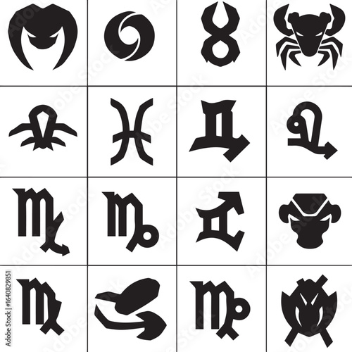 Grid of Sixteen Stylized Black and White Zodiac Symbols on White Background astrology horoscope