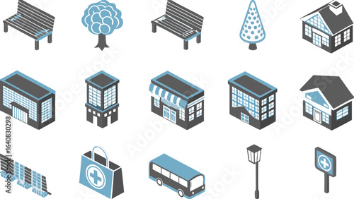 Isometric view of city elements including buildings benches and trees with a bus and a medical bag