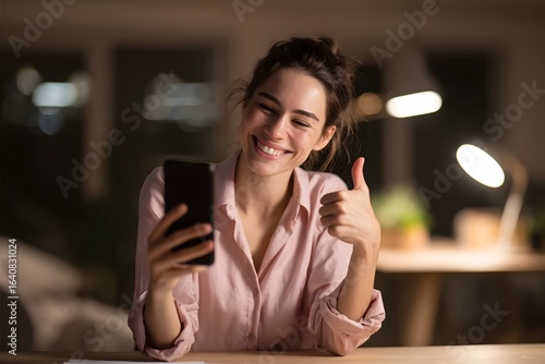 Happy woman smiling, holding phone, giving thumbs up, indoor, nighttime.