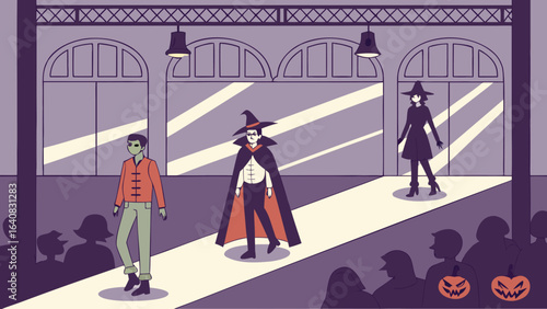 Halloween fashion show featuring a zombie a vampire and a witch walking a runway with an audience watching