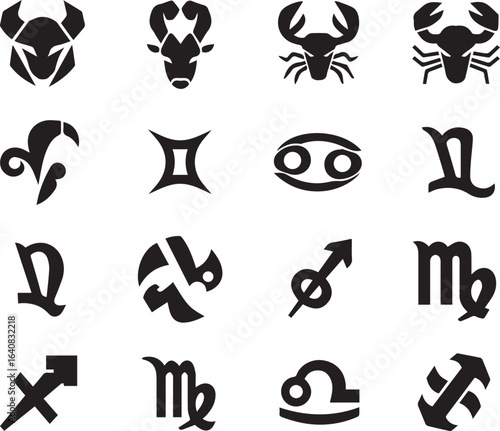 Sixteen Black Zodiac Symbols and Animal Silhouettes on White Background astrology horoscope