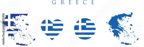 Greece flag and map set. Greece flag in official colours and proportions. independence day 25 March, map, circle and heart shaped Greece.