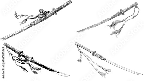 Detailed Japanese katana sword illustrations with decorative tassels, perfect for martial arts designs, samurai themes, and historical artworks.