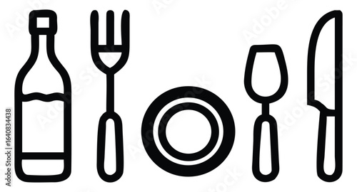 A black outline illustration of kitchen and dining icons including a spoon, fork, knife, plate, chef hat, and other cooking utensils, perfect for restaurant branding, culinary websites, menus, or food