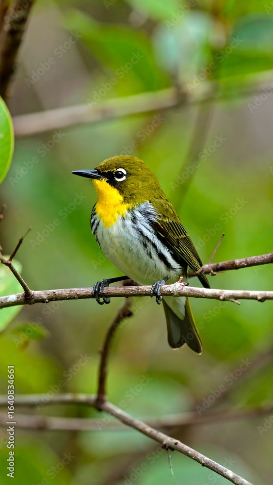 Small, yellow-breasted bird perched on a branch amidst green foliage Small, yellow-breasted bird perched on a branch amidst green foliage