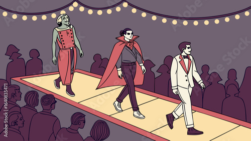 Monsters and models showcase unique fashion on a runway under festive lights with an audience watching