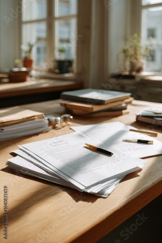 Stack of documents and pens on a wooden desk in sunlit office interior. Printed role-play scripts and scenario cards laid out on a classroom desk with markers and notebooks