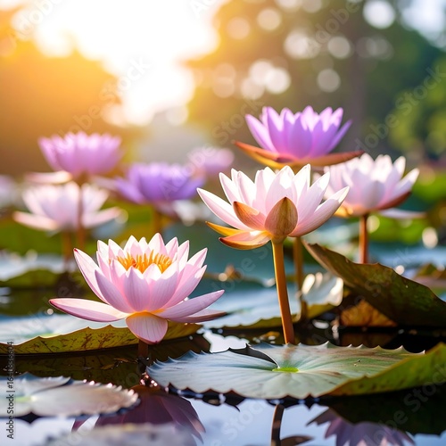 Wallpaper Mural Water lilies in a pond, sunlit, pastel colors Torontodigital.ca