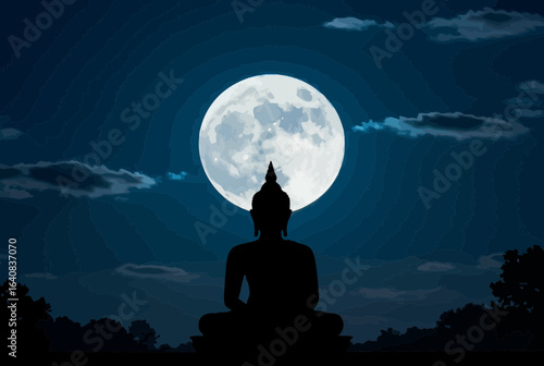 A silhouette of the Buddha meditating under a vibrant full moon at night.