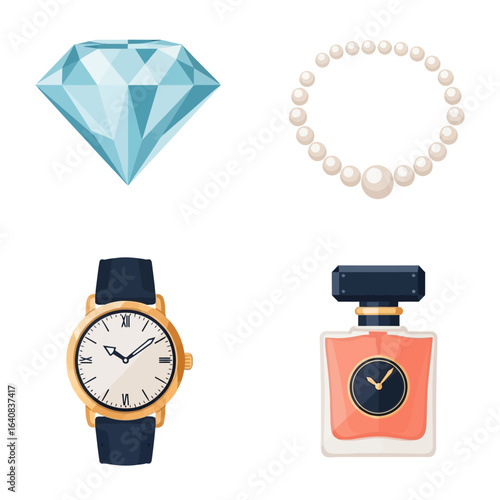 A diamond, pearl necklace, wrist watch and perfume bottle are displayed on a white background for potential product presentation.