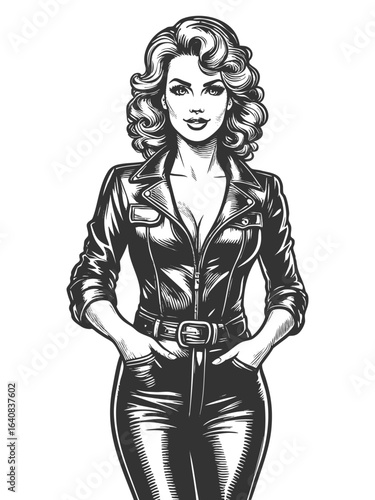 woman in short leather jacket and tight shorts poses with attitude sketch engraving generative ai fictional character vector illustration. Scratch board imitation. Black and white image.