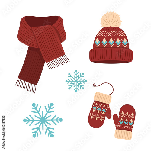 Winter clothes like a scarf, a hat and mittens are displayed along with two snowflakes to provide warmth during cold days.