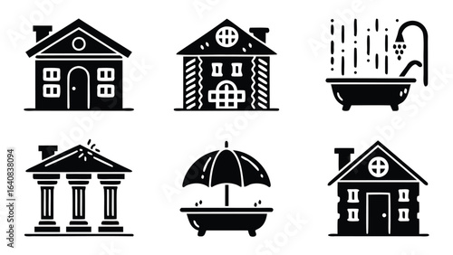 Collection of house and bathroom icons featuring different architectural styles and bathroom elements design