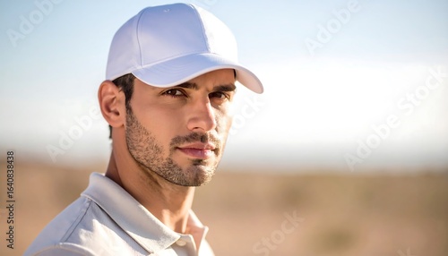 Close-up portrait of a man wearing a white baseball cap