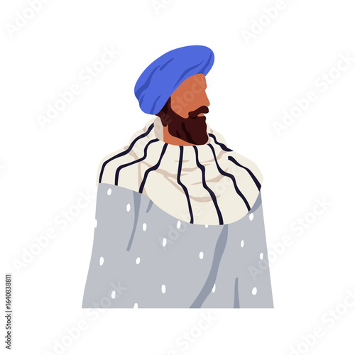 Man profile, wearing turban headwear. Male character in headdress, side view, looking aside, head turned. Bearded bedouin in robe, cloak. Flat vector illustration isolated on white background