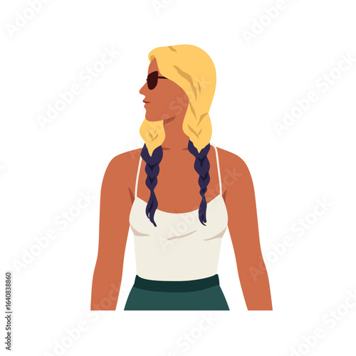 Young woman profile. Modern style female in sunglasses, summer outfit, looking aside, head turned. Stylish girl in casual clothing, double braids. Flat vector illustration isolated on white background