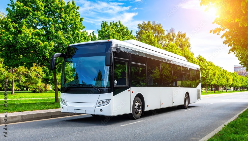 Fototapeta premium A white bus drives along a tree-lined road on a sunny day.