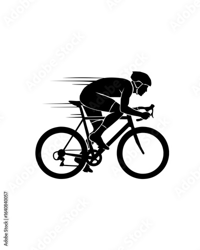 A dynamic black-and-white illustration of a cyclist in motion with speed lines, representing fast cycling, fitness, and the thrill of competitive sports.