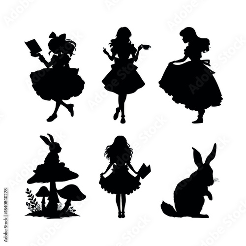 alice in wonderland silhouette set art, Black & White silhouette set