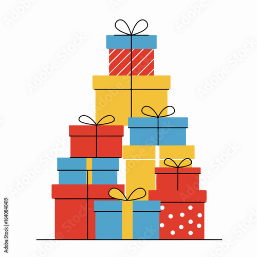 Colorful stack of gift boxes for celebrations and holidays, featuring minimalist flat design presents with ribbons and bows.