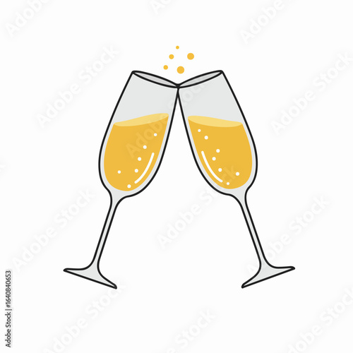 Festive illustration of two champagne glasses clinking, symbolizing celebration and cheers for New Year, weddings, or special occasions.