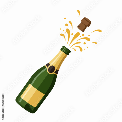 Champagne Bottle Popping with Cork and Splashes on White Background