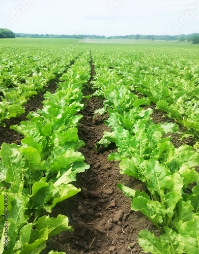 Huge fields planted with sugar beets. Green leaves, like huge palms, stretch toward the sky