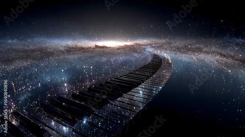 Piano keys become path to the cosmos. Music metaphor. Use for ads, design, backgrounds, conceptual works, web art.
