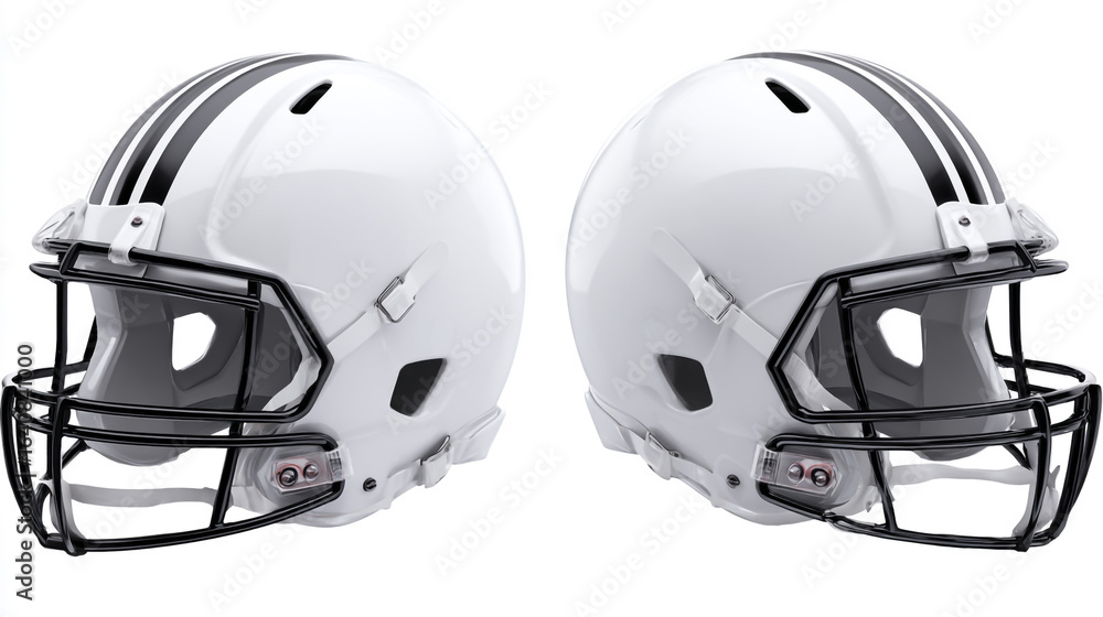 Fototapeta premium Two white football helmets with black stripes isolated on white background