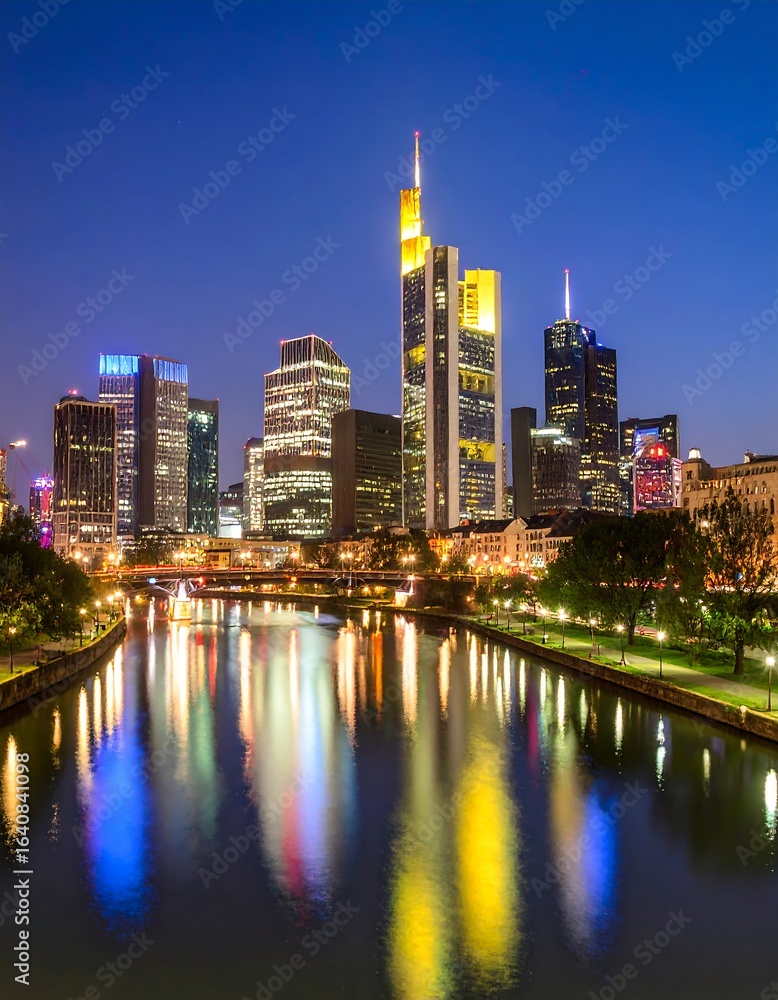 Obraz premium City skyline at night, reflecting in a river