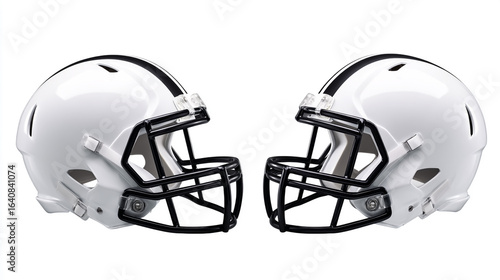 Two white football helmets facing each other isolated on white background