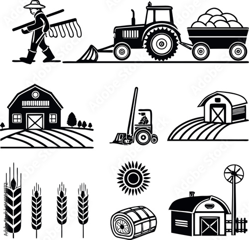 Vector art of farm and agriculture icons farmer, tractor, barn, hay bale, wheat