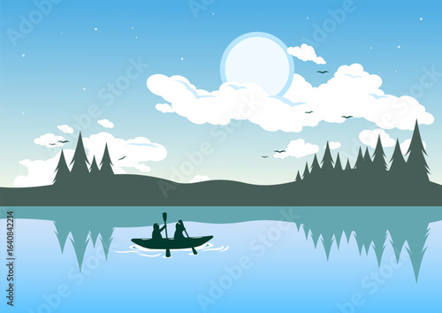 Morning scenic lake or river winter landscape with people rafting on kayak or canoe rowing with paddles in boat. Kayaking sport people using a kayak for moving over water. Vector Illustration