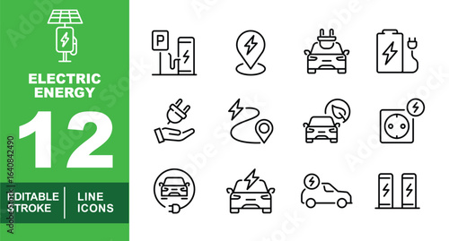 Electric Energy set of web icons in line style. Exclusive electric energy linear icon collection. Containing solar, parking, pointer, battery, plug, route, charger, station and more. Editable stroke