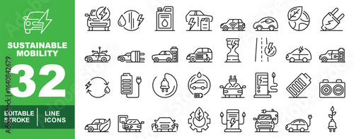 Sustainable Mobility set of web icons in line style. Exclusive sustainable mobility linear icon collection. Containing charge, fuel, suv, globe, battery, charger, drop, gear and more. Editable stroke
