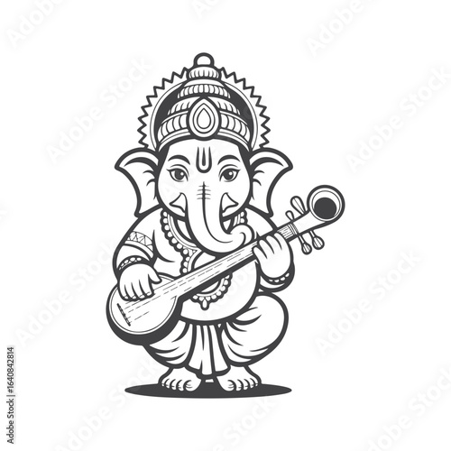Ganesha playing veena with ornate headdress and attire Hindu deity elephant head