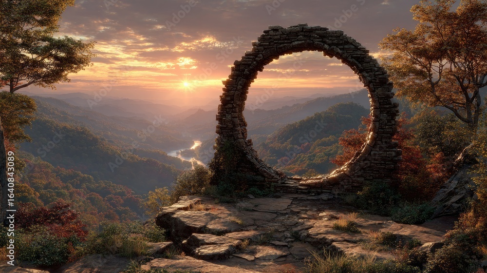 Fototapeta premium Ancient stone archway, sunrise over valley
